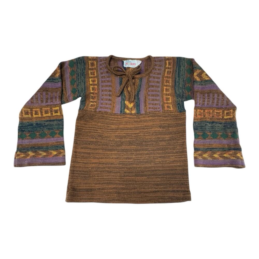 Vintage Kickers Women's Large Maroon Aztec Geometric Knit Tie Collar Sweater